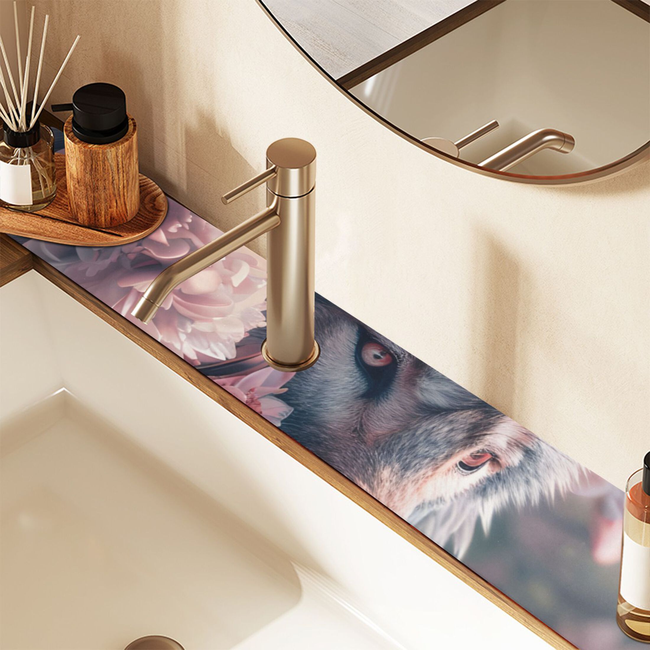 Wolf and Cherry Blossoms Sink Splash Guard Faucet Drying Mat 30"x5.4