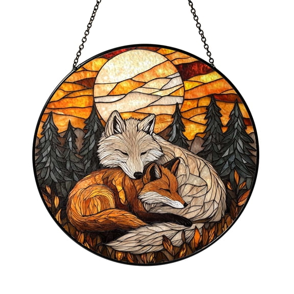 Wolf and Cub Stained Glass Suncatcher – Forest Wildlife Window Art