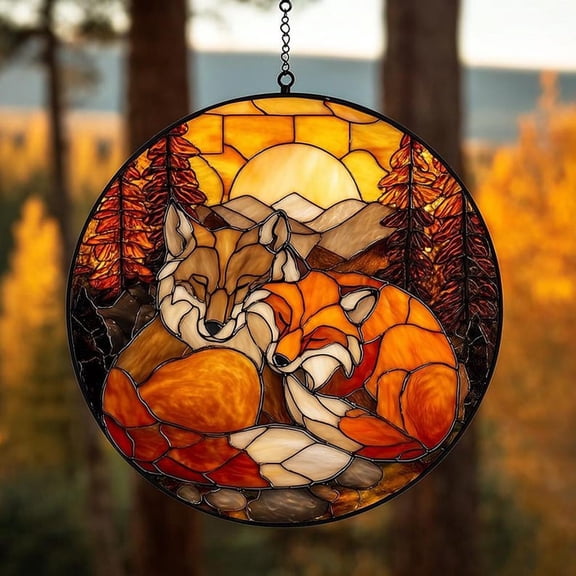 Wolf and Fox Stained Glass Suncatcher, Woodland Window Hanging, Autumn Forest Decor, Rustic Fall Home Decoration, Window Hanging Gift