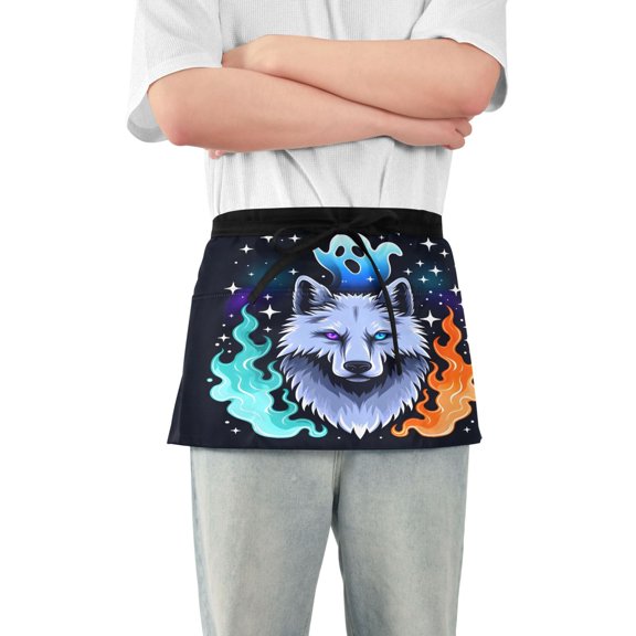 Wolf and Ghost Server Apron with 3 Pockets Waterproof Waitress Waist Short Apron for Man Woman 12 Inches