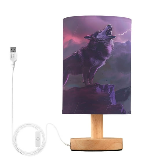 Wolf and Lightning Bedside Table Lamp Desk Warm Lights with USB Charging Port Cylinder LED Lamps for Bedroom Living Room Office