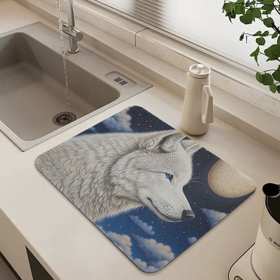 Wolf and Moon Art Dish Drying Mat for Kitchen Counter Absorbent Drainer Mats (15.7X11.8Inch)