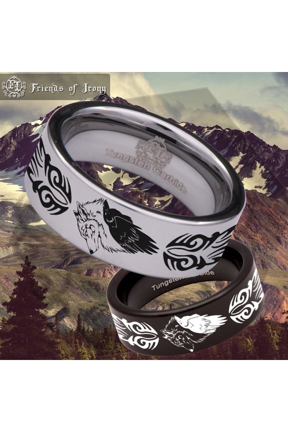 Wolf and Raven Tribal Tungsten Carbide Ring