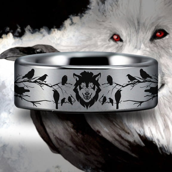 Wolf and Raven Tungsten Carbide Ring
