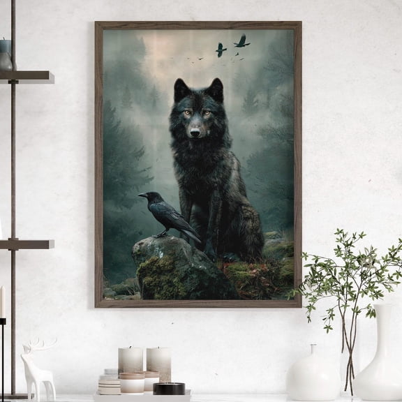 Wolf and Raven Wall Art, Dark Gothic Woodland Animal Decor, Unframed Canvas Size 24x36