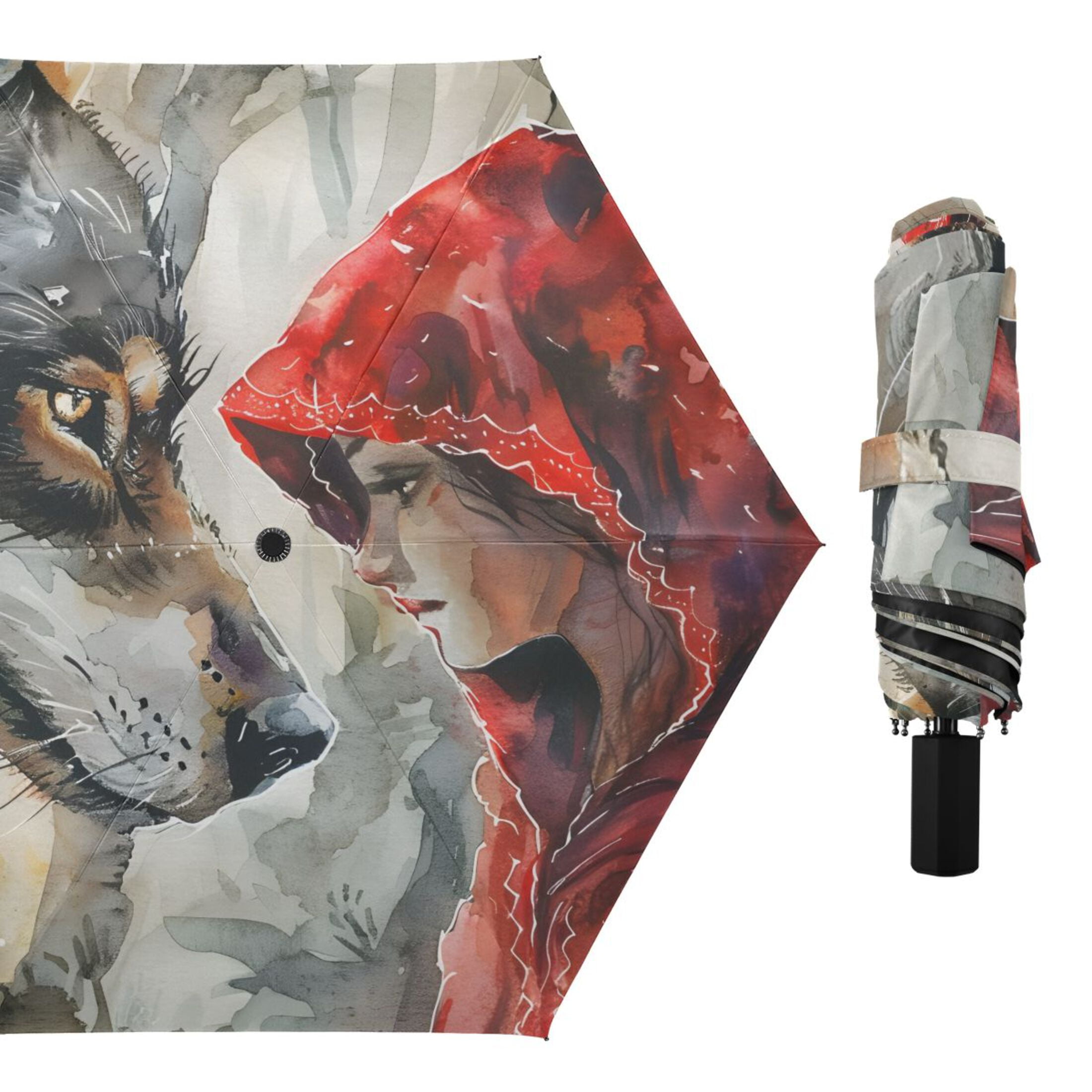 Wolf and Red Clothed Girl Compact Sun Umbrella Windproof Travel Umbrellas for Rain Strong Portable UV Protection