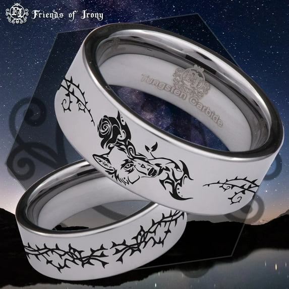 Wolf and Roses Tungsten Carbide Ring