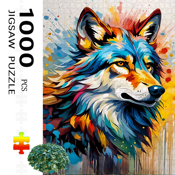 Wolf, colorful brushstrokes, paper puzzles, 1000 pieces, large puzzles, toys, adult games, gifts, family interactive games, puzzles, DIY home decoration, brain challenges