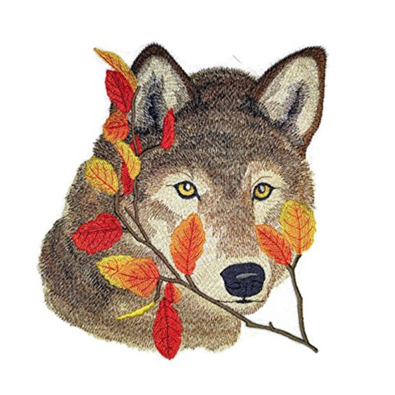 Wolf in Autumn Leaves Embroidered Iron on/Sew patch [6.89" X 7.8"]