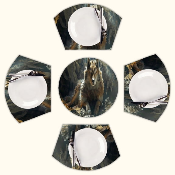 Wolf in Cave Round Table Placemats Set Of 5 Wedge Table Mats Washable Heat Resistant Place Mat For Dining Table Kitchen Farmhouse Restaurant