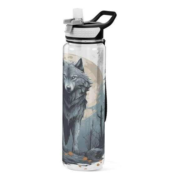 Wolf in Forest 32oz Water Bottles with Straw Tritan Leakproof Sports Bottle BPA Free Clear for Fitness Gym Swimming Cycling