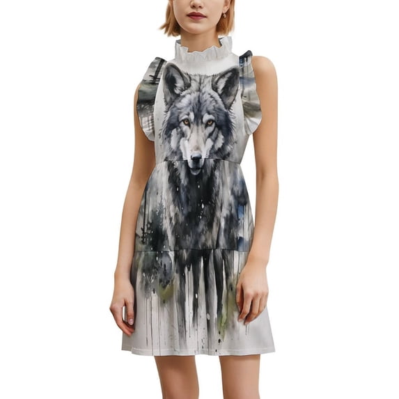 Wolf in Forest Watercolor Art Women's Fashion Casual Dress Summer Stand Up Collar Ruffles Sleeve Dress Elegant Dresses
