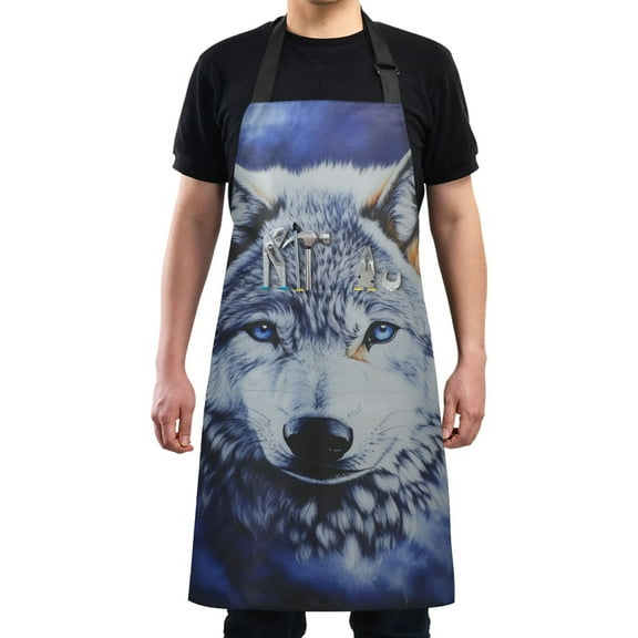 Wolf in Misty Back Chef Kitchen Apron with Pockets for Women Waterproof Aprons for Cooking Baking
