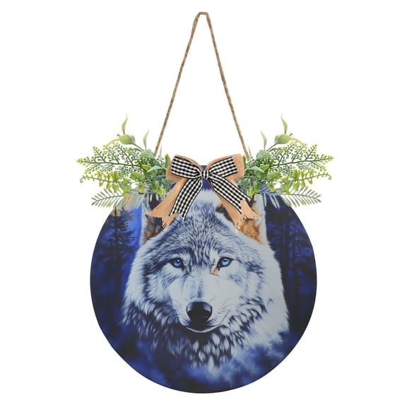 Wolf in Misty Back Front Door Porch Decoration Hanging Sign with Artificial Green Plants and Bow for Home Outdoor Indoor