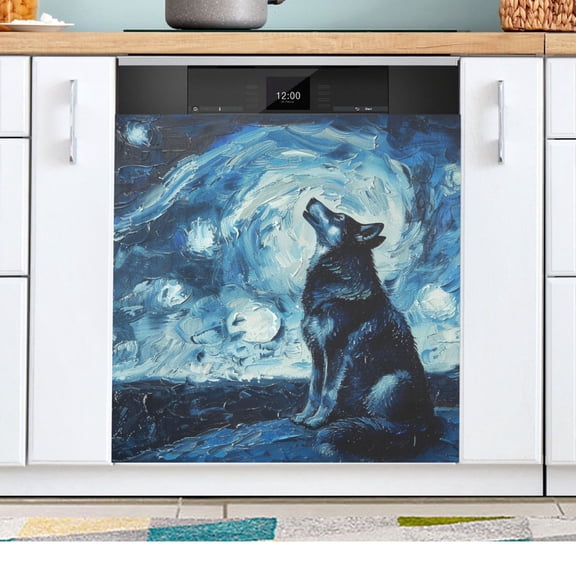 Wolf in Night Dishwasher Magnetic Refrigerator Magnet Cover Kitchen Art Panel Decal Sticker Home Decorative 23"x26"