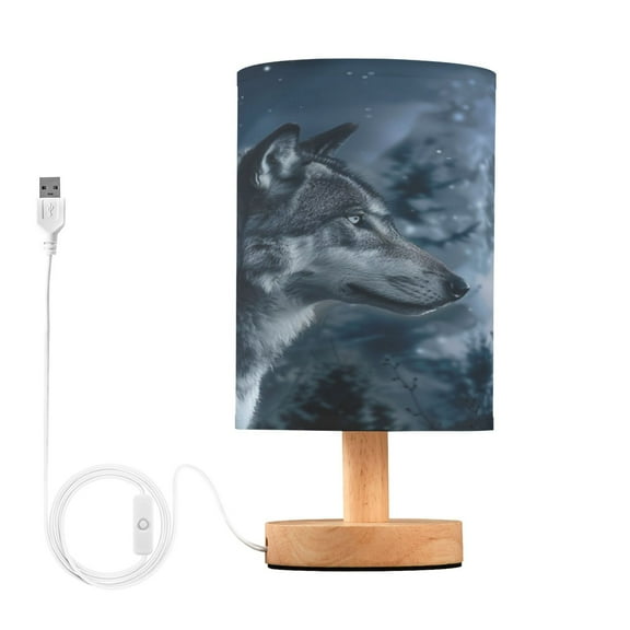 Wolf in Night Forest Bedside Table Lamp Desk Warm Lights with USB Charging Port Cylinder LED Lamps for Bedroom Living Room Office