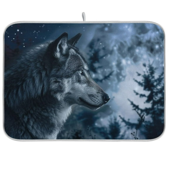 Wolf in Night Forest Dish Drying Mats Kitchen Mat Microfiber Counter Absorbent Dish Pad Drainer Rack 16"x18"