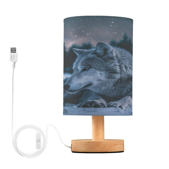 Wolf in Night Sky Bedside Table Lamp Desk Warm Lights with USB Charging Port Cylinder LED Lamps for Bedroom Living Room Office