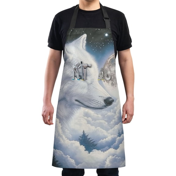 Wolf in Night Sky Chef Kitchen Apron with Pockets for Women Waterproof Aprons for Cooking Baking