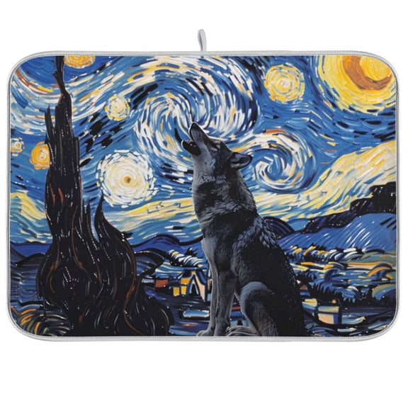 Wolf in Night Sky Oil Paint Dish Drying Mats Kitchen Mat Microfiber Counter Absorbent Dish Pad Drainer Rack 18"x24"