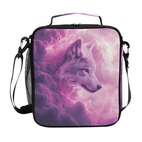Wolf in Pinkish Clouds with Flash Insulated Lunch Bag Reusable Lunch Box Lunch Container with Straps