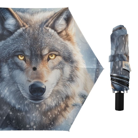 Wolf in Snow All Weather Umbrella Triple Folding Parasol 6 Ribs UV Protection Portable