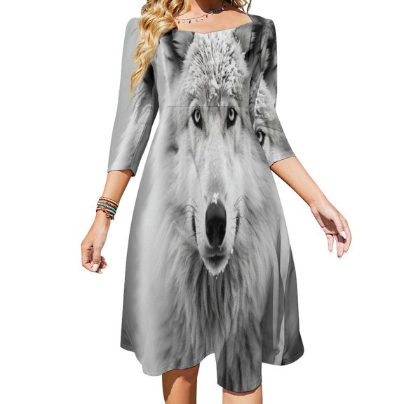 Wolf in Snowy Forest Flare Dress Square Neck Dress Elegant Female Fashion Printed Dress