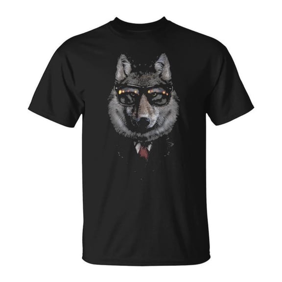 Wolf in Sunglasses and Suit Graphic Tee Unisex Adult Cotton Casual T-Shirt for Animal Lovers and Humor Fans, Size L, Color Black