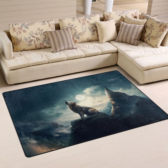 Wolf on Mountain Howl Area Floor Mats Non-Slip Rugs Soft Doormat 31 x 20 inch Carpet for Living Dining Room Bedroom Decorative
