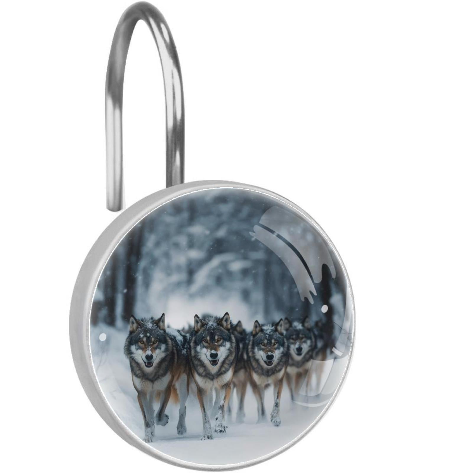 Wolf on Snow Forest Shower Curtain Hooks Round Crystal Glass, Set of 12 Shower Curtain Rings - Shower Hooks for Curtain Shower Rings