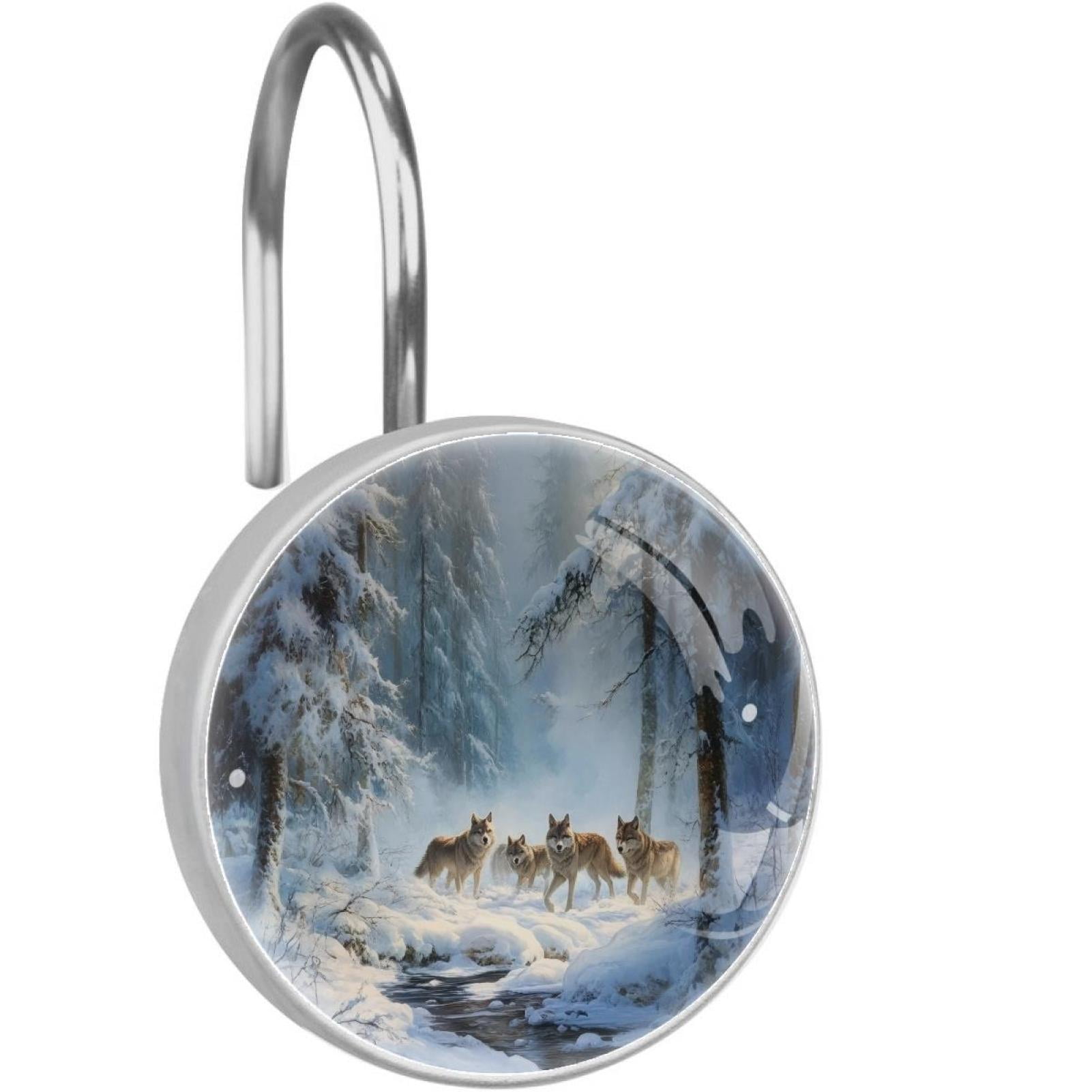 Wolf on Winter Forest Snow Stream Shower Curtain Hooks Round Crystal Glass, Set of 12 Shower Curtain Rings - Shower Hooks for Curtain Shower Rings