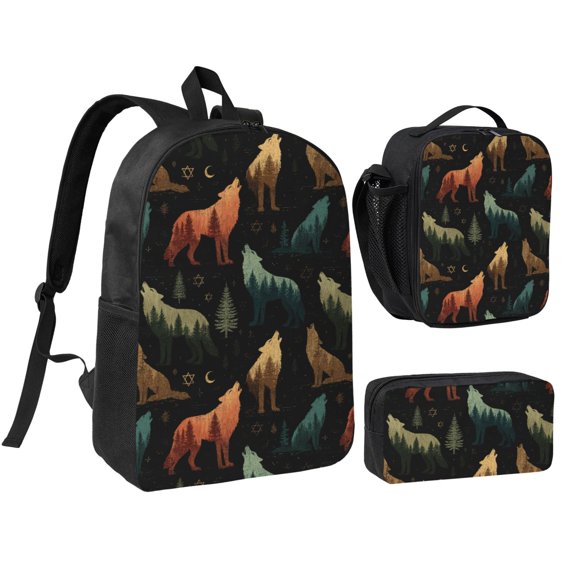Wolf pack howling Backpack Set,3PCS Backpack Set with Insulated Lunch Bag and Pencil Pouch,Travel Backpack,Large Capacity Daypack,Utility Organizer Set for Daily Use Travel