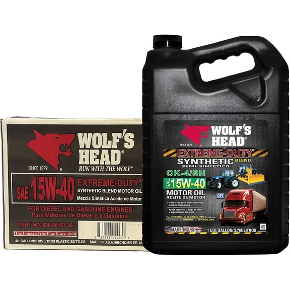 Wolf's Head Extreme Duty 15W-40 Synthetic Blend Diesel Engine Oil (836-99107-36) 1 Gallon Bottle, Pack of 4 | Made in USA