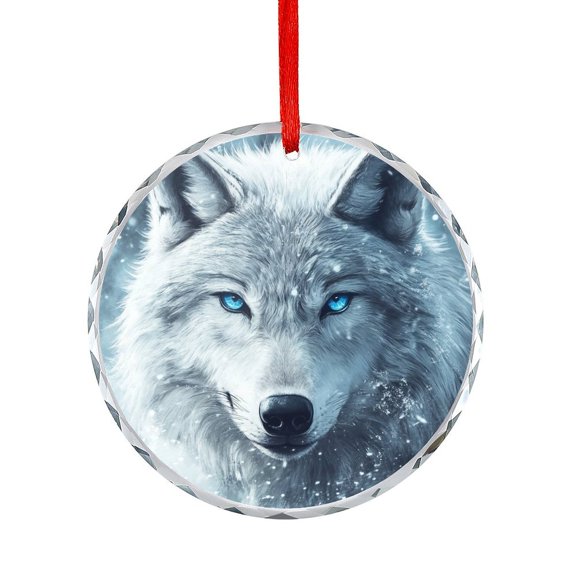 Wolf with Blue Eyes Xmas Ornament Hanging Ornaments for Holiday Decoration Blue-Eyed Wolf Printed Round Glass Christmas Ornaments