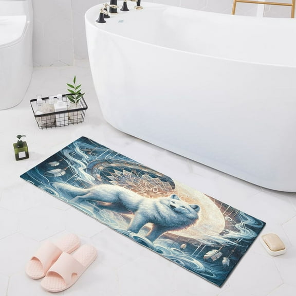 Wolf with Bright Moon Bath Mat 39x20 Non-Slip Bathroom Rugs Absorbent Soft Plush Quick Dry for Tub Shower Kitchen Home Decor