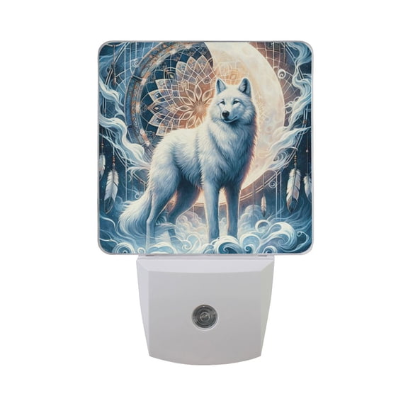 Wolf with Bright Moon Night Light 2 Pack LED Nightlight Plug into Wall Dusk to Dawn Sensor Soft White