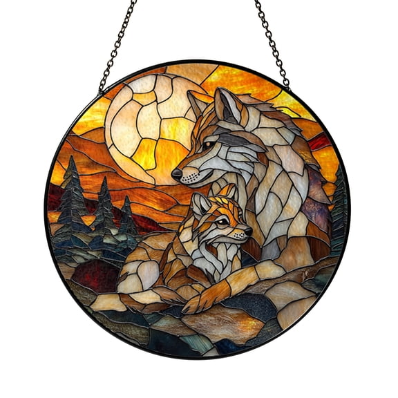 Wolf with Cub Suncatcher, Stained Glass Style Forest Wildlife Window Panel, Nature Decor Gift for Women Men Mom Birthday