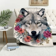 Wolf with Flowers Blanket Super Soft Plush Wolf Blanket for Bed Sofa Throw Blanket for Women Men