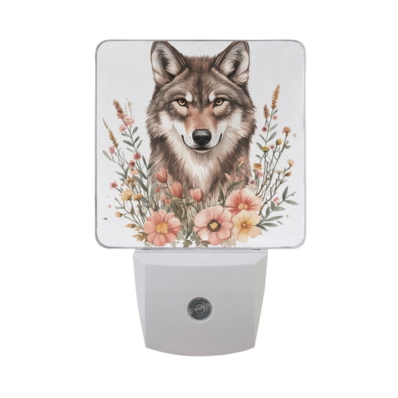 Wolf with Flowers Leaves Watercolor LED Night Light with Smart Sensor Plug Into Wall Dusk to Dawn 2 packs