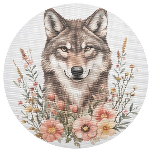 Wolf with Flowers Leaves Watercolor PVC Round Grid Placemat Table Mat 1 Pc 15.4" x 15.4"