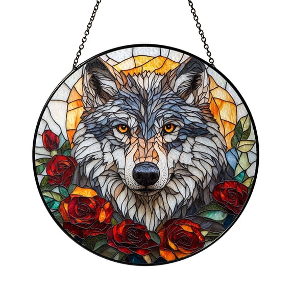 Wolf with Flowers Stained Glass Style Suncatcher – Window Hanging
