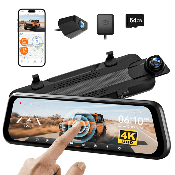 WolfBox 4K Dual Dashcam with 10" Touch Screen, Front and Rear Recording, Night Vision, GPS, Free 64GB Card