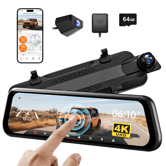 WolfBox 10" Touch Screen Dash Cam Front and Rear, 4K+1080P Rear View Mirror Backup Car Camera with Night Vision, GPS, Free 64GB Card