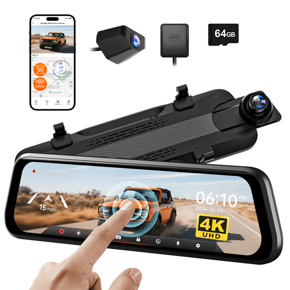 WolfBox 10" Touch Screen Dash Cam Front and Rear, 4K+1080P Rear View Mirror Backup Car Camera with Night Vision, GPS, Free 64GB Card