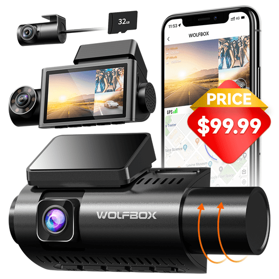 WolfBox 3 Channel4K  Dash Cam, 2.5K+1080P+1080P Dash Cam for Cars, Dash Camera with 3" LCD Display, Super IR Night Vision, Built-in WiFi & GPS, Free 32GB Card