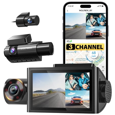 WolfBox 3 Channel4K Dash Cam, 2.5K+1080P+1080P Dash Cam for Cars, Dash Camera with 3" LCD Display, Super IR Night Vision, Built-in WiFi & GPS