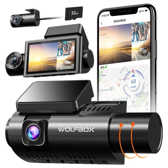 WolfBox 3 Channel4K  Dash Cam, 2.5K+1080P+1080P Dash Cam for Cars, Dash Camera with 3" LCD Display, Super IR Night Vision, Built-in WiFi & GPS, Free 32GB Card