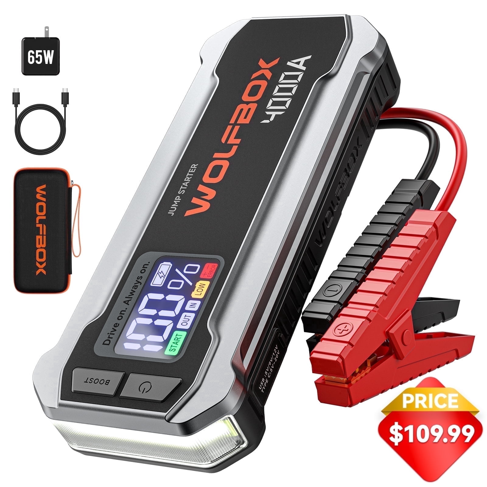 WolfBox 4000A Peak Car Jump Starter, Portable 12V Battery Pack, Quick Charging, Emergency Booster for 10L Engines