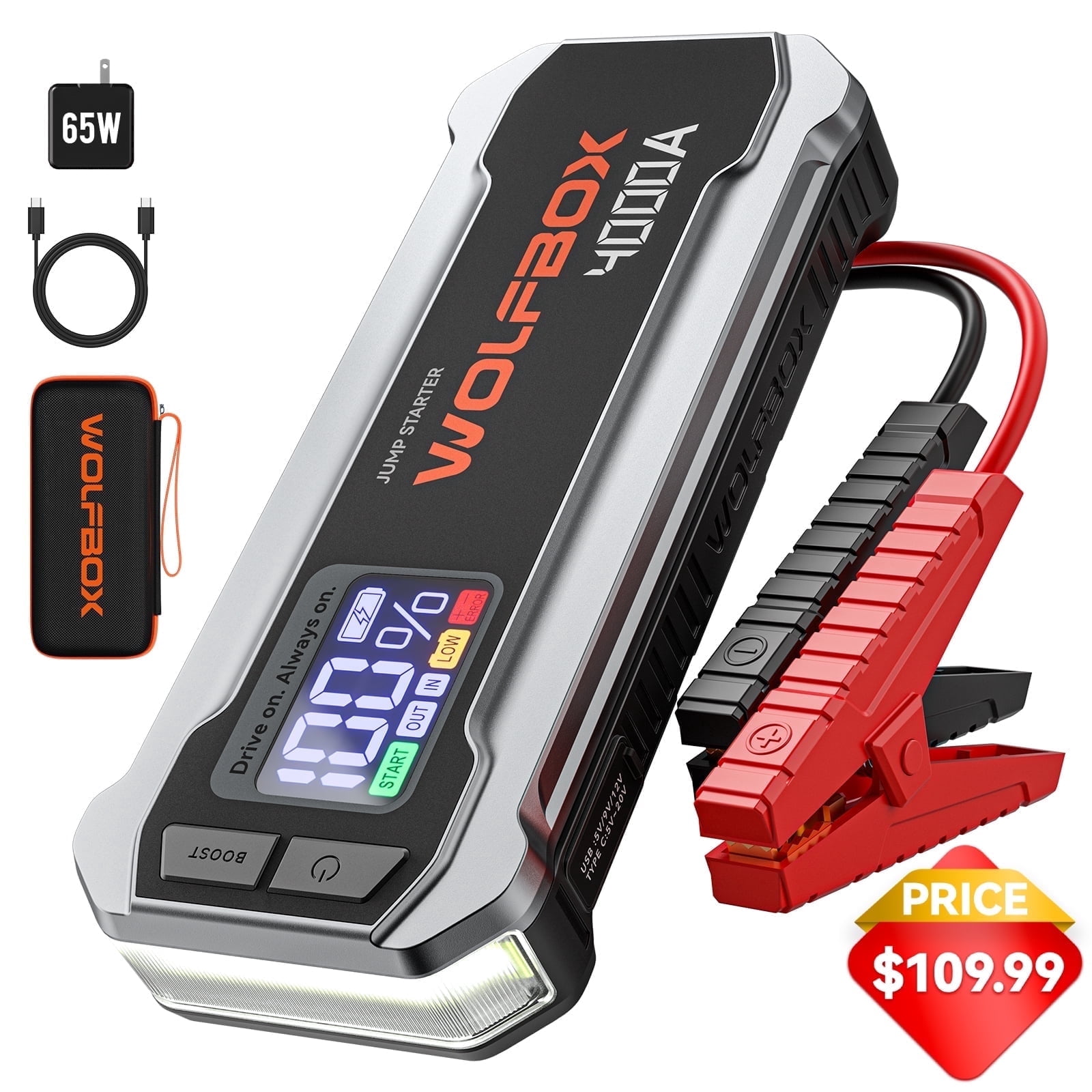 WolfBox 4000A Peak Car Jump Starter, Portable 12V Battery Pack, Quick Charging, Emergency Booster for 10L Engines