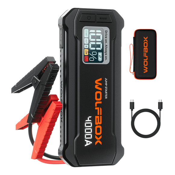 WolfBox 4000A Car Battery Jump Starter, Portable Jump Starter Battery Pack, Battery Booster, Jump Box and Jumper Cables for 10L Gasoline and 10L Diesel Engines, Black